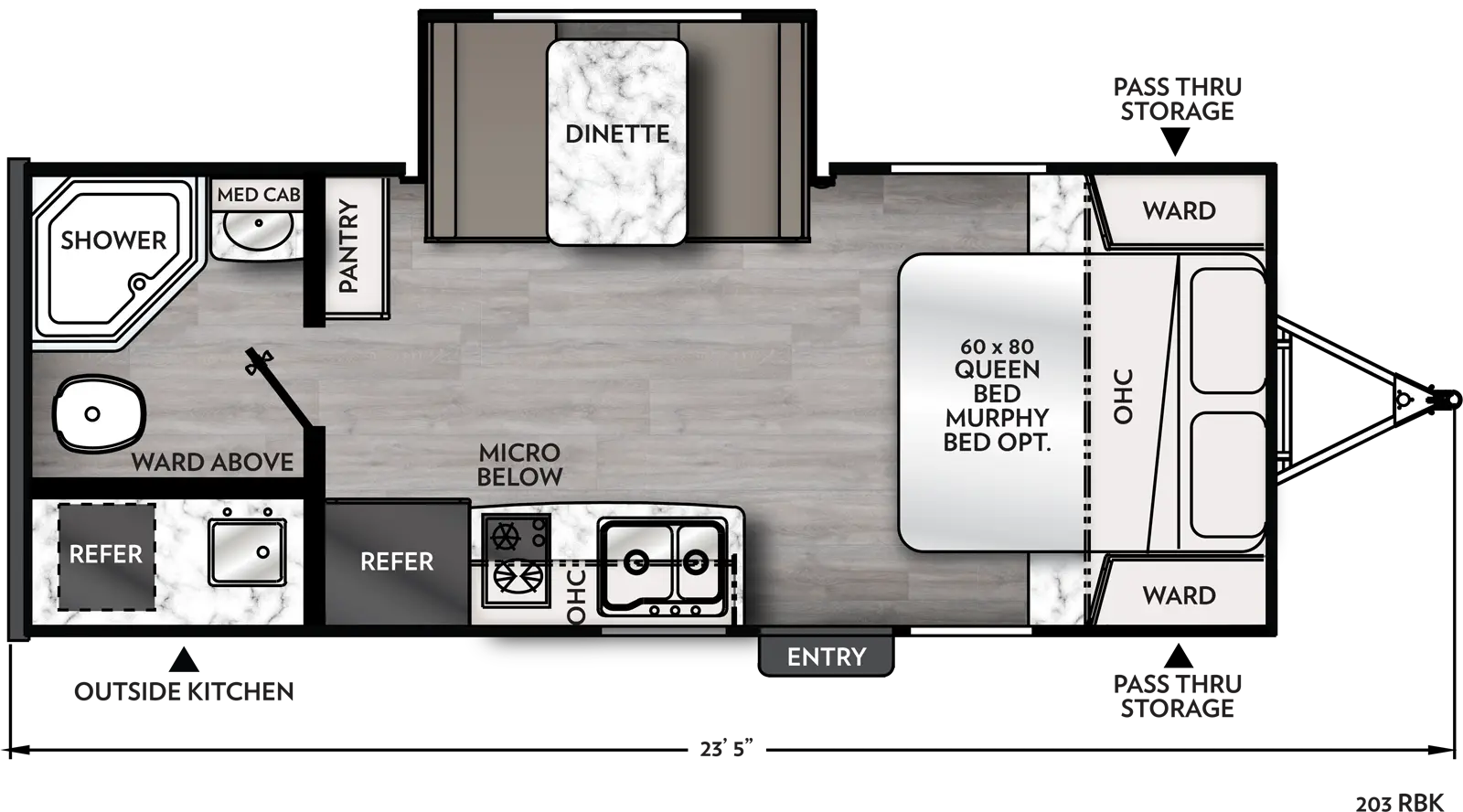 The 203RBK has one slide out on the off-door side and one entry door on the door side. Interior layout from front to back: front bedroom containing foot facing queen bed, overhead cabinet, and wardrobes on either side of bed (Murphy Bed optional). Kitchen living dining area with off- door side slide out containing dinette; door side kitchen containing sink, cook top stove, overhead cabinet, microwave below, and refrigerator; pantry located on the off-door side. Rear corner off-door side bathroom containing, wardrobe, toilet, shower, medicine cabinet. Exterior camp kitchen includes; mini refrigerator and sink.